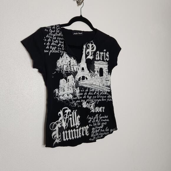 y2K Vintage Paris Art Babydoll Shirt Top Tee All Over VTG 90s Tourist Collage - Picture 2 of 6